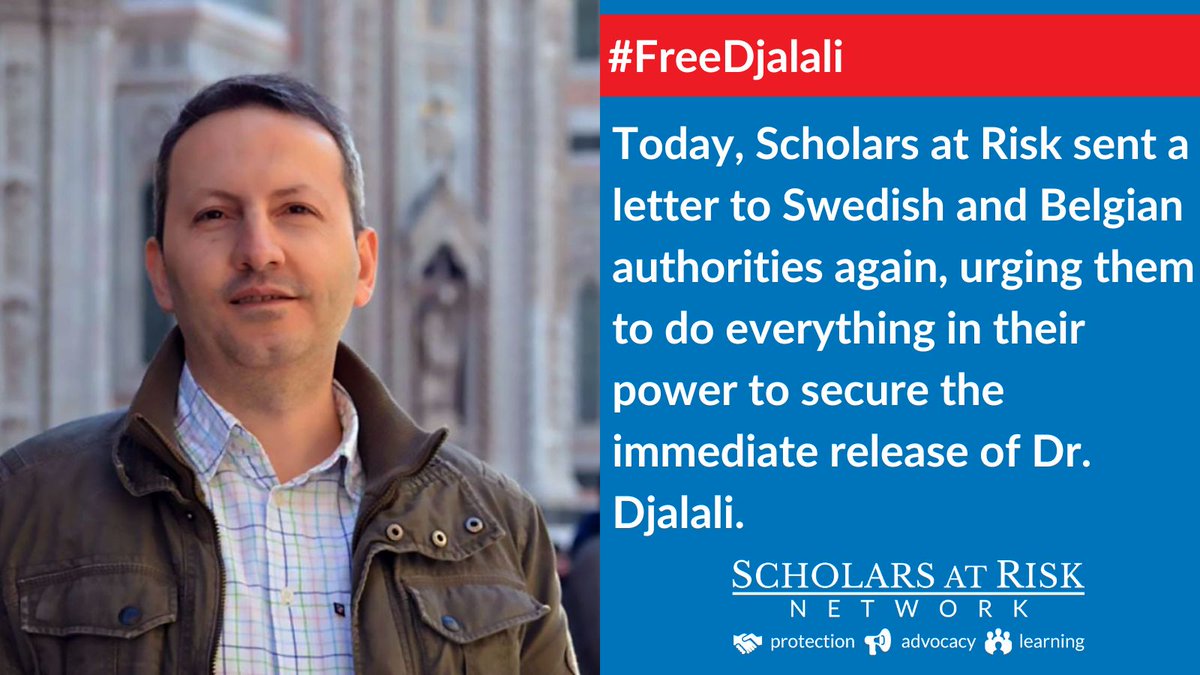 ScholarsAtRisk's tweet photo. #Iran: Today, Scholars at Risk sent a letter to the Swedish and Belgian authorities. Swedish- Iranian scholar, Dr. Djalali, has been imprisoned for more than 7 years and is under constant threat of execution. #FreeDjalali Read the letter here: https://t.co/yFWaUOE3gh https://t.co/k1pDjZnzDO