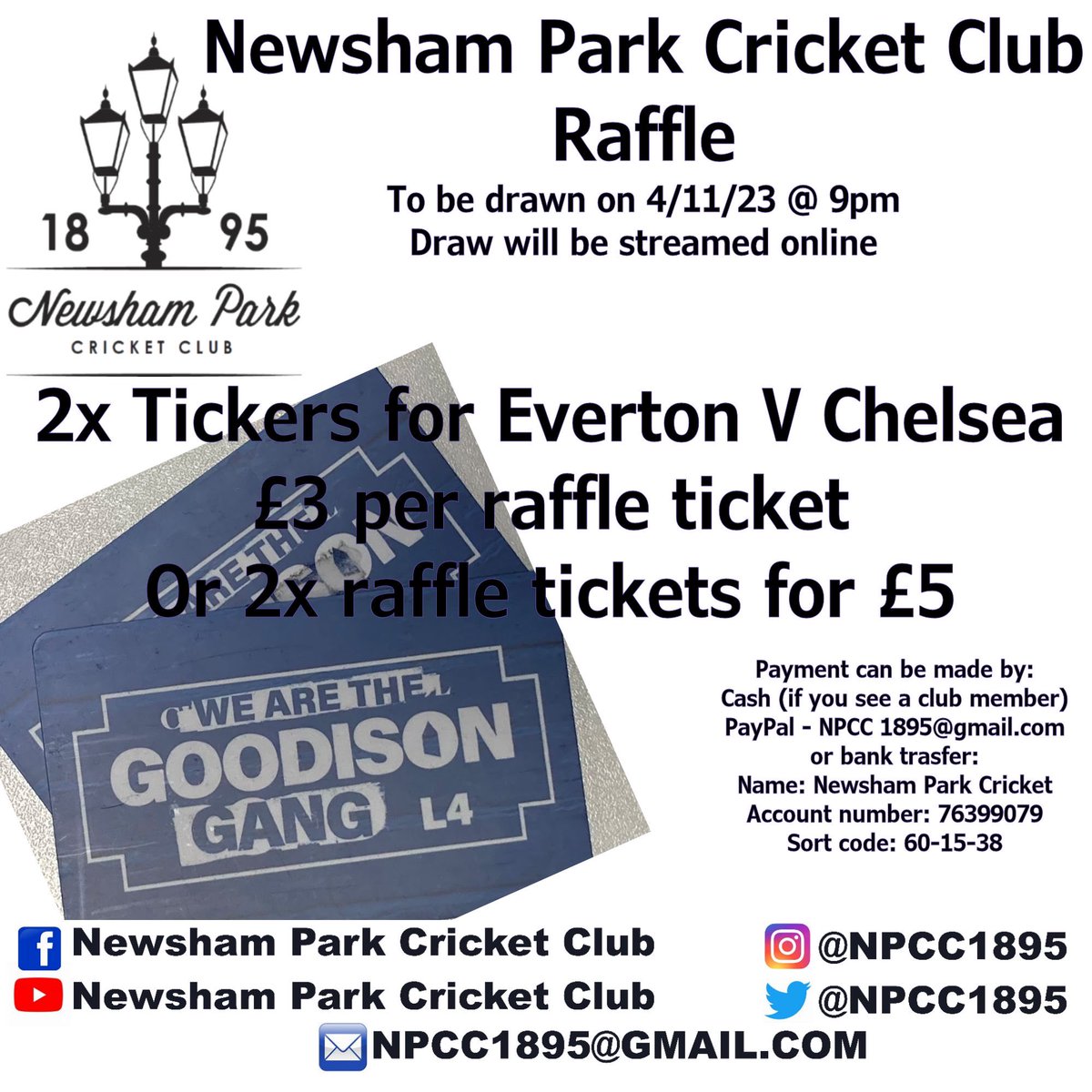 Our raffle will be drawn on Saturday at 9pm live on Instagram and Facebook if you wish to enter! Message us to get involved! #Raffle #Cricket #Fundraising #Football #Sport #Newsham #Park #NewshamPark #Everton #EvertonFC #EFC #Goodison