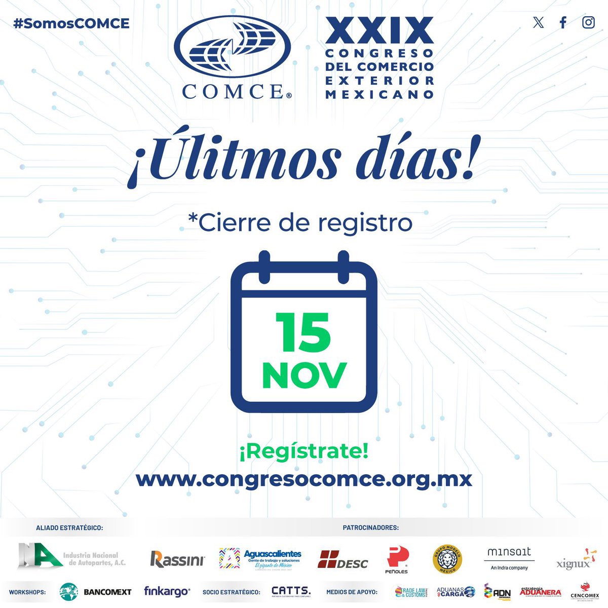 CongresoCOMCE's tweet photo. ¡El evento de comercio exterior más importante de México, en formato presencial! 🇲🇽😁🙌🏽
🗓 21 de Noviembre 2023
📌 Centro Citibanamex, Ciudad de México
https://t.co/GJ9Pm7FEl0
#CongresoCOMCE #SaveTheDate #SomosCOMCE https://t.co/Rt0s9VEKLe