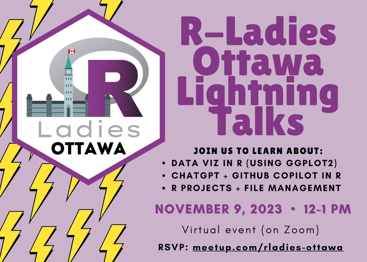 RLadiesOttawa's tweet photo. In 1 week, #rladies Ottawa will be hosting three intro-level #rstats  lightning talks all in the span of 1h! Join us for this virtual event on Thursday, Nov 9 at 12pm Eastern time. You can register on Meetup: https://t.co/n4Be58J7bb https://t.co/ownUwvPUQW