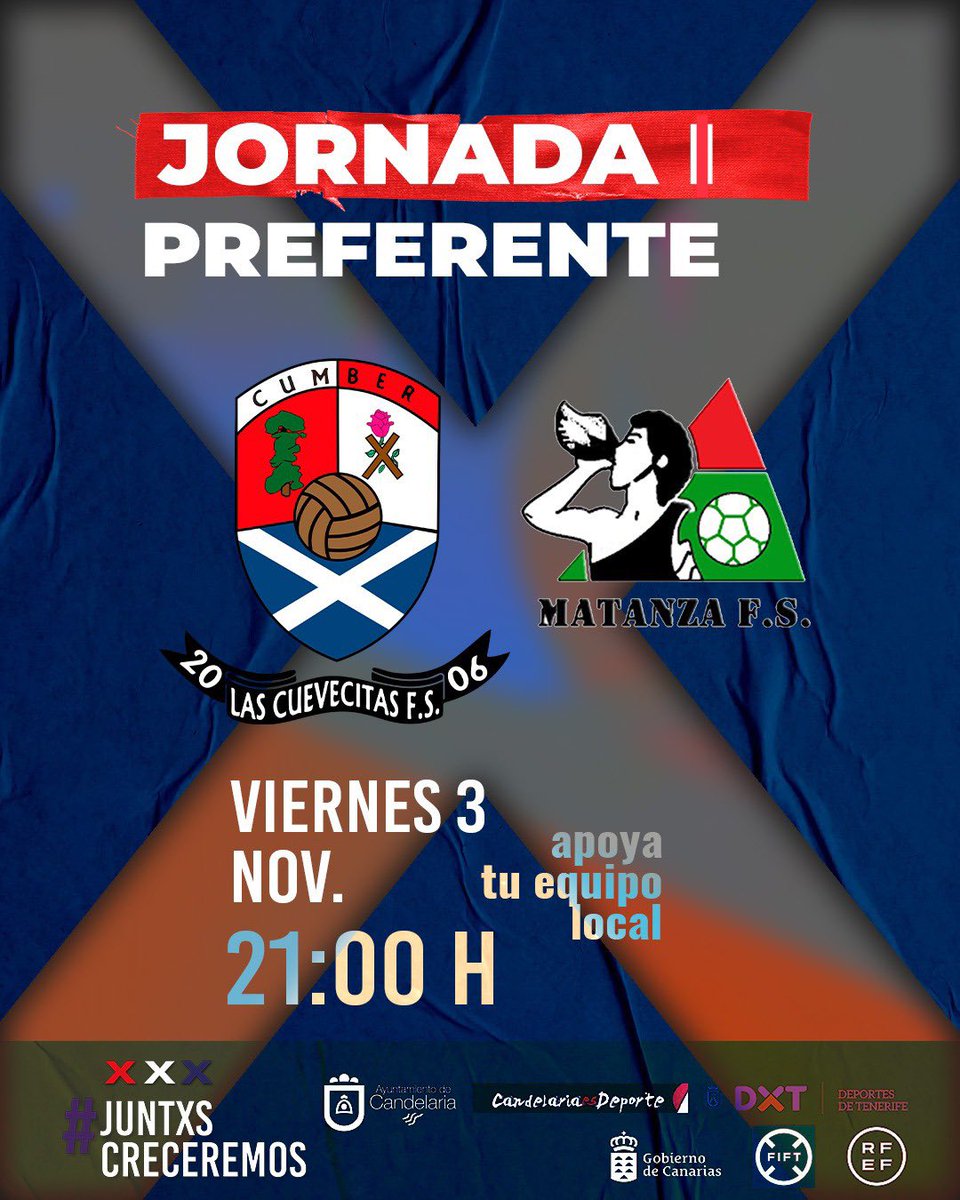 🔴 PREFERENTE |  JORNADA II🔴

Las Cuevecitas B FS 🆚 Matanza FS

⏰21:00H
📆Viernes 03/11
🏟️Pabellón Las Cuevecitas 

#JuntxsCreceremos #CumberFutsal #CumberFilial