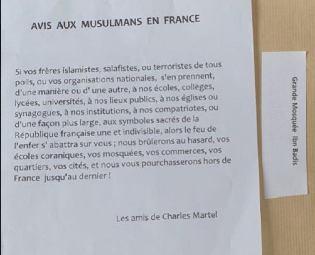 Mediavenir's tweet image. 🇫🇷 FLASH - La mosquée de Nanterre a reçu une lettre de menace visant les musulmans de France : &quot;nous brûlerons au hasard, vos écoles coraniques, vos mosquées, vos commerces, vos quartiers, vos cités, et nous vous pourchasserons hors de France jusqu&apos;au dernier&quot;. (via…