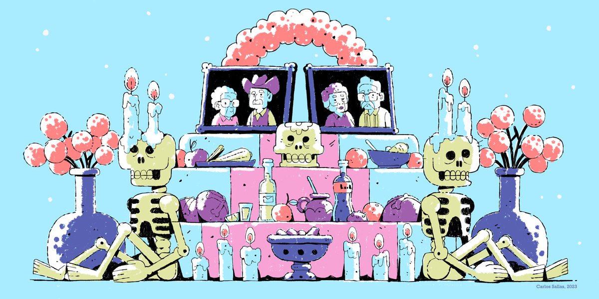 María y Pedro - Vicky e Israel 

Cada año dibujo una ofrenda para mis abuelos, y este no es la excepción. Siempre es bueno recordar y agradecer a quienes nos pusieron en este camino. Si notan alguna similitud con los personajes de <a href="/SanMisterioMx/">San Misterio</a> no es ninguna coincidencia 🤗