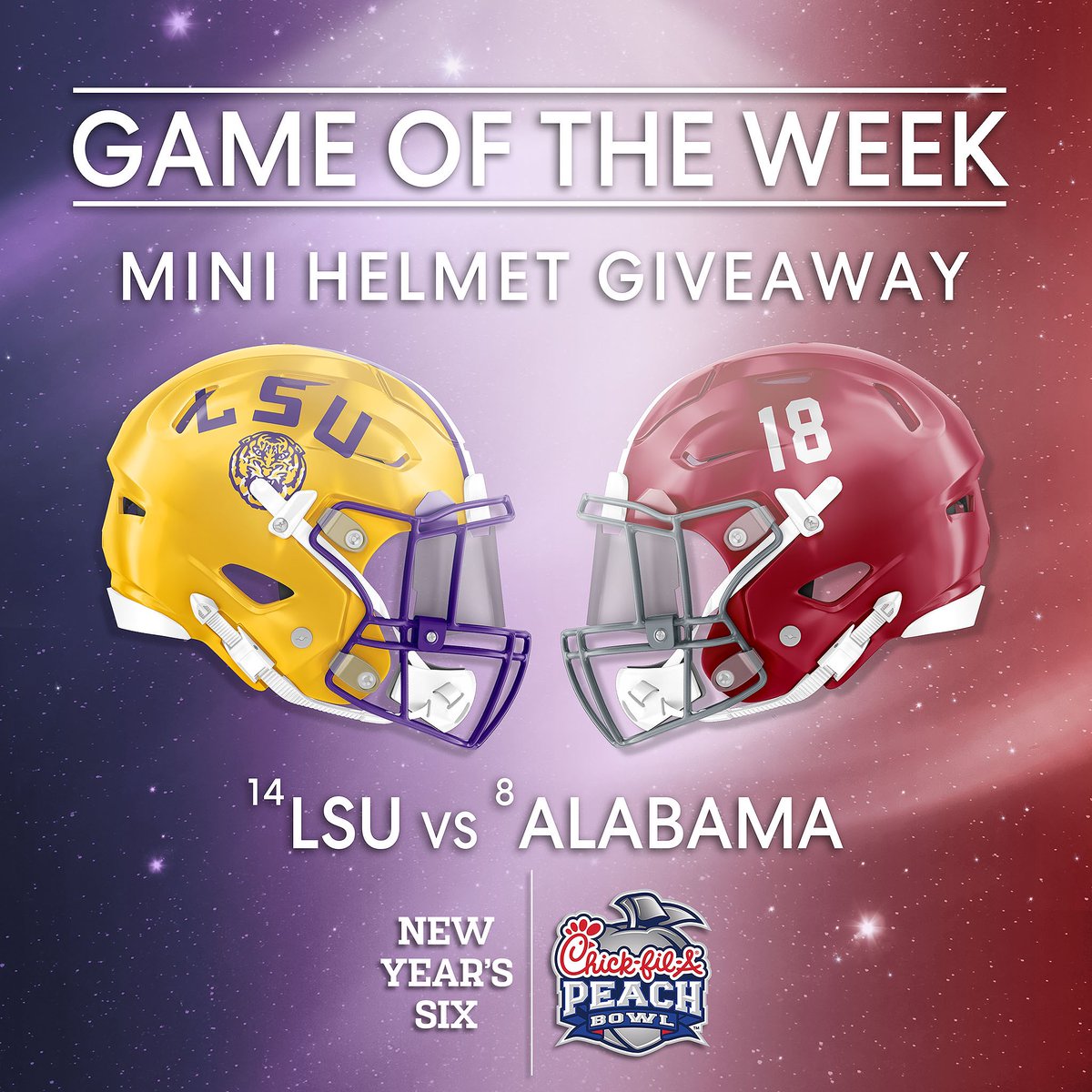 A classic SEC rivalry featuring #14 vs. #8 in Tuscaloosa 🔥

For a chance to win an <a href="/LSUfootball/">LSU Football</a> or <a href="/AlabamaFTBL/">Alabama Football</a> mini helmet:
1️⃣ Follow <a href="/CFAPeachBowl/">Chick-fil-A Peach Bowl</a>, <a href="/SatDownSouth/">Saturday Down South</a>, and <a href="/allcfbIG/">All College Football</a>
2️⃣ Repost
3️⃣ Reply with who you’re cheering for