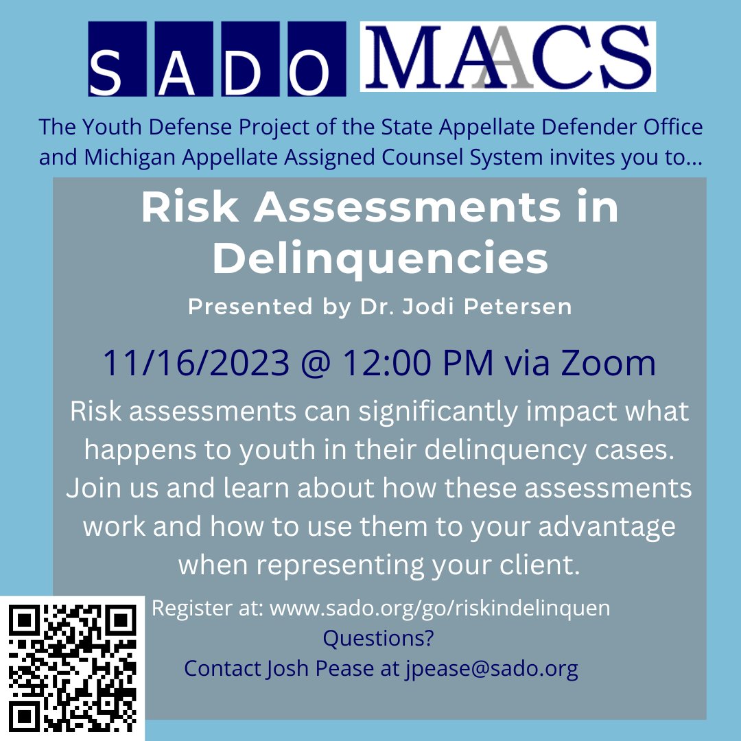 Join us online on November 16 @ noon for "Risk Assessment in Delinquencies." Check out the flyer for more information, including a registration link.