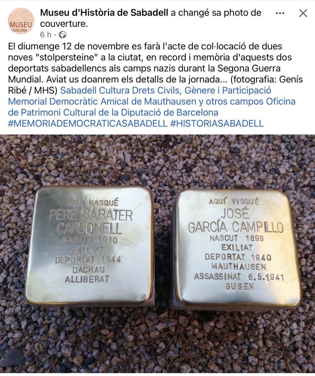 MartaGarrigaGi's tweet photo. El diumenge 12 de novembre es farà l'acte de col·locació de dues noves "stolpersteine" #MEMORIADEMOCRATICASABADELL #HISTORIASABADELL https://t.co/pq0nuwzOF6