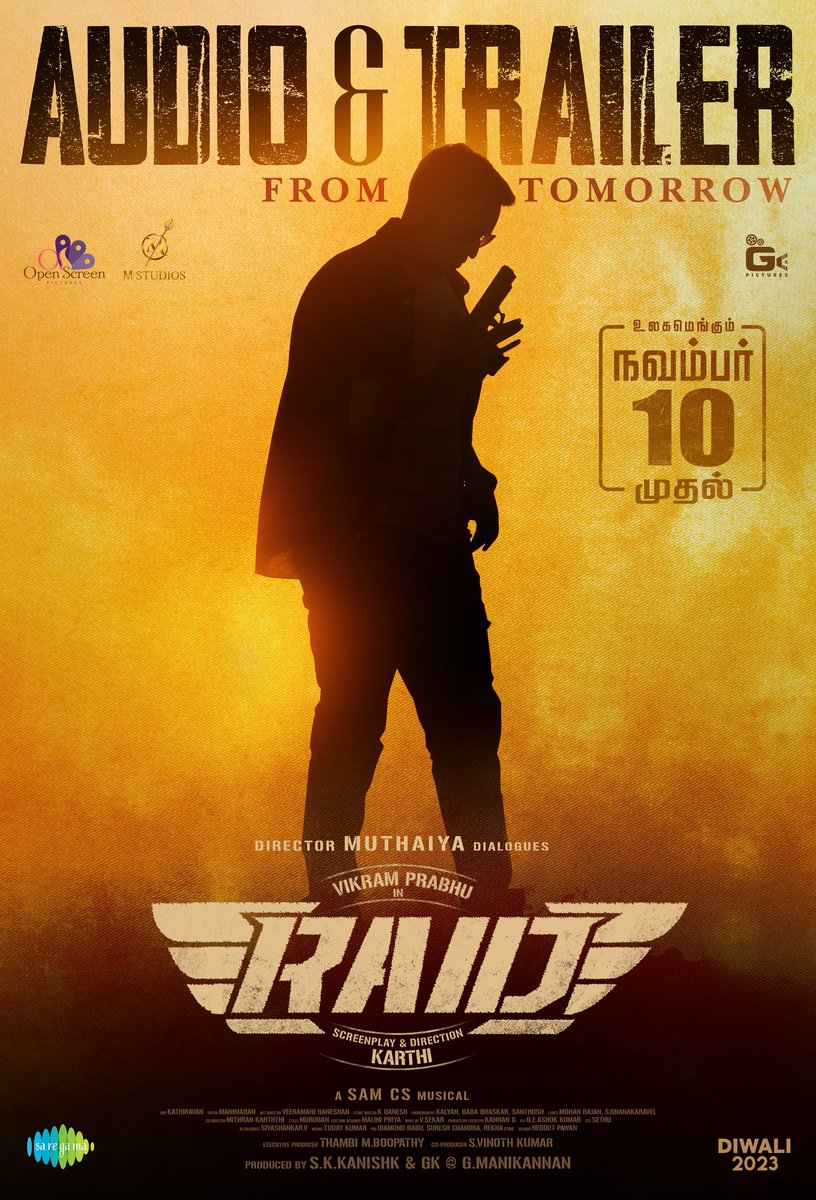 Kanishk (@kanishk_offl) on Twitter photo . <a href="/iamVikramPrabhu/">Vikram Prabhu</a> 's #Raid Audio & Trailer from Tomorrow
Diwali 2023 release!
<a href="/SDsridivya/">Sri Divya</a> <a href="/dir_muthaiya/">Muthaiya</a> <a href="/dir_karthioffl/">E karthi</a> <a href="/OpenScreenoffl/">Open Screen</a> <a href="/SamCSmusic/">𝐒𝐀𝐌 𝐂 𝐒</a> <a href="/maran_vj/">Mani maran</a> <a href="/Ananthika108/">Ananthika Sanilkumar</a> <a href="/soundar4uall/">Soundararaja Actor</a> <a href="/veeramani_art/">Veeramani Ganesan</a> <a href="/RishiRithvik10/">Rishi Rithvik</a> <a href="/Danielanniepope/">Daniel Annie Pope</a>
<a href="/Kathiravan7384/">Kathiravan</a> <a href="/kanishk_offl/">Kanishk</a> . <a href="/iamVikramPrabhu/">Vikram Prabhu</a> 's #Raid Audio & Trailer from Tomorrow
Diwali 2023 release!
<a href="/SDsridivya/">Sri Divya</a> <a href="/dir_muthaiya/">Muthaiya</a> <a href="/dir_karthioffl/">E karthi</a> <a href="/OpenScreenoffl/">Open Screen</a> <a href="/SamCSmusic/">𝐒𝐀𝐌 𝐂 𝐒</a> <a href="/maran_vj/">Mani maran</a> <a href="/Ananthika108/">Ananthika Sanilkumar</a> <a href="/soundar4uall/">Soundararaja Actor</a> <a href="/veeramani_art/">Veeramani Ganesan</a> <a href="/RishiRithvik10/">Rishi Rithvik</a> <a href="/Danielanniepope/">Daniel Annie Pope</a>
<a href="/Kathiravan7384/">Kathiravan</a> <a href="/kanishk_offl/">Kanishk</a>
