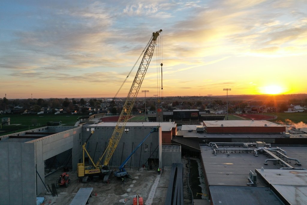 Marion_Wolves's tweet photo. Mr. Martin's drone was up and at it early today. Take a look at our beautiful new auditorium being built! https://t.co/bAr7iodHeN