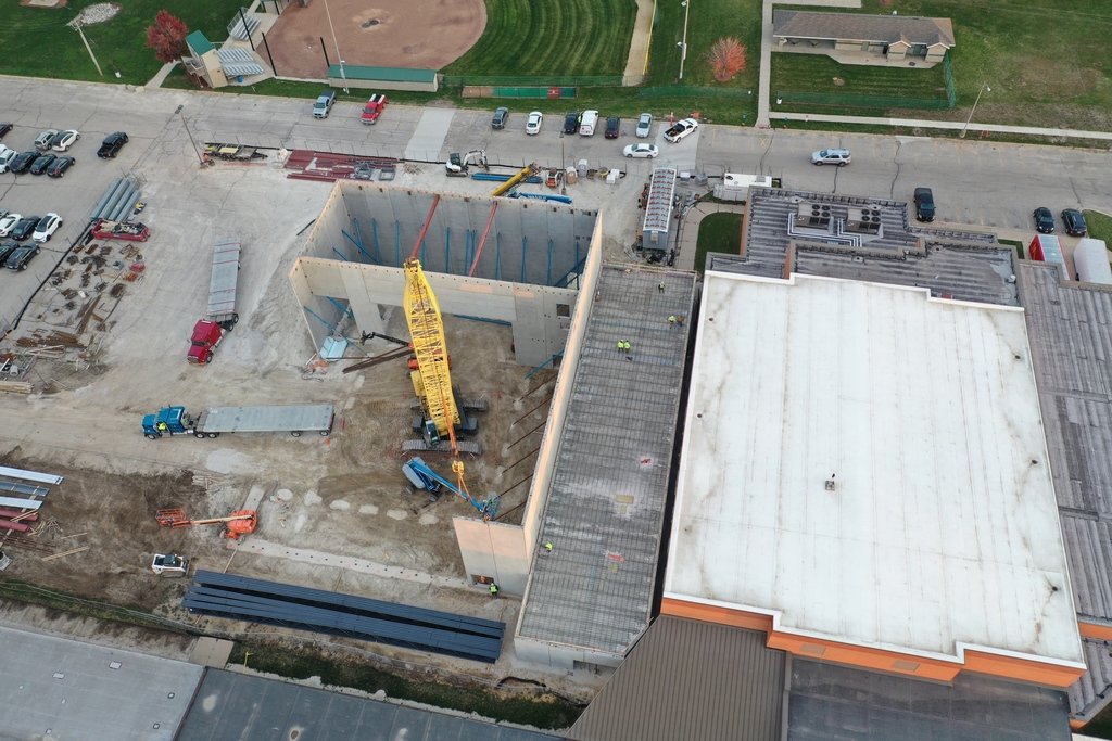 Marion_Wolves's tweet photo. Mr. Martin's drone was up and at it early today. Take a look at our beautiful new auditorium being built! https://t.co/bAr7iodHeN