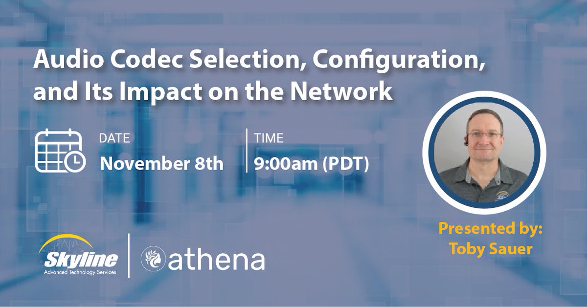 SkylineATS's tweet photo. 📢 REGISTER TODAY: https://t.co/mMA9JLoWhe

In this Tech Session, we will look in-depth at audio codec selection, configuration and its impact on the network.

#collaboration #certification #skylineathena #skylineats #continuouslearning https://t.co/WV6W76URzv