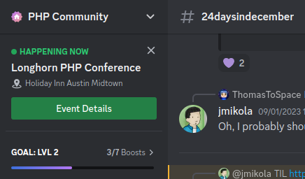 jmikola's tweet image. TIL @LonghornPHP is happening. I don't spend a lot of time in the #phpc Discord but this is a really good use of the UI.
I wonder if there's an symbiotic opportunity to create temporary channels for active conferences?
/cc @iansltx @ramsey