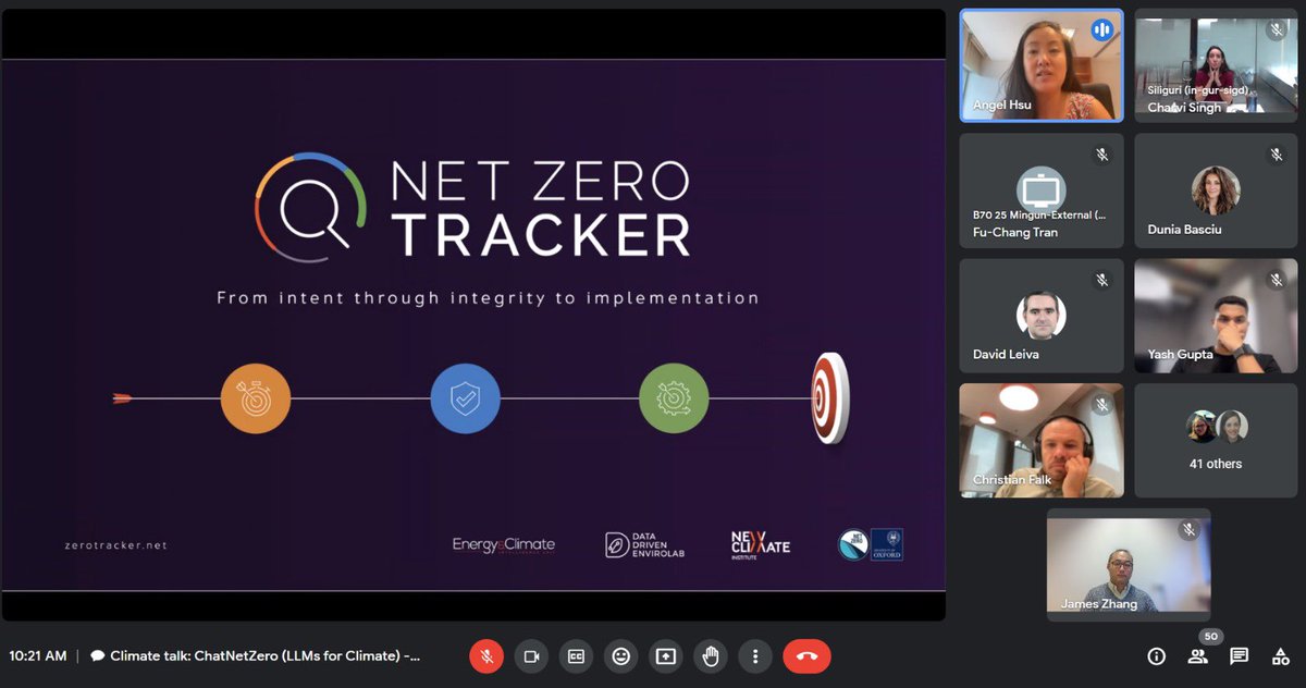 ecoangelhsu's tweet photo. Thanks to @Google for inviting me &amp; James Zhang @arboretica to discuss #ChatNetZero: a fine-tuned large language model to demystify #netzero #climateaction. I still can’t figure out screen sharing, but have made headway on LLMs + #genAiforgood. https://t.co/gWjcr29qVy https://t.co/iJ33y2ZxES