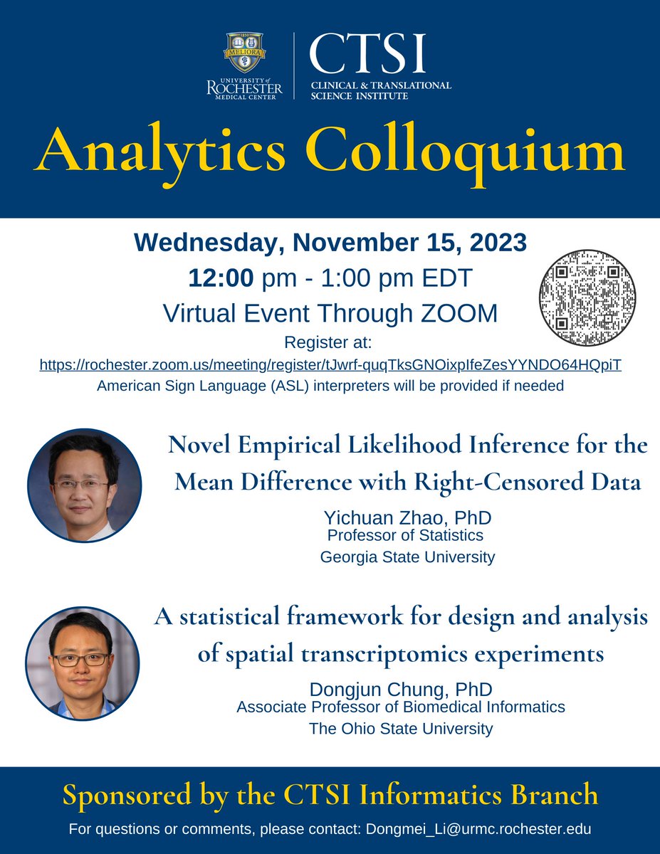 CTSI Analytics Colloquium on Wednesday November 15th, 2023, from 12:00pm to 1:00pm EDT.
Register in advance for this meeting:
rochester.zoom.us/meeting/regist…