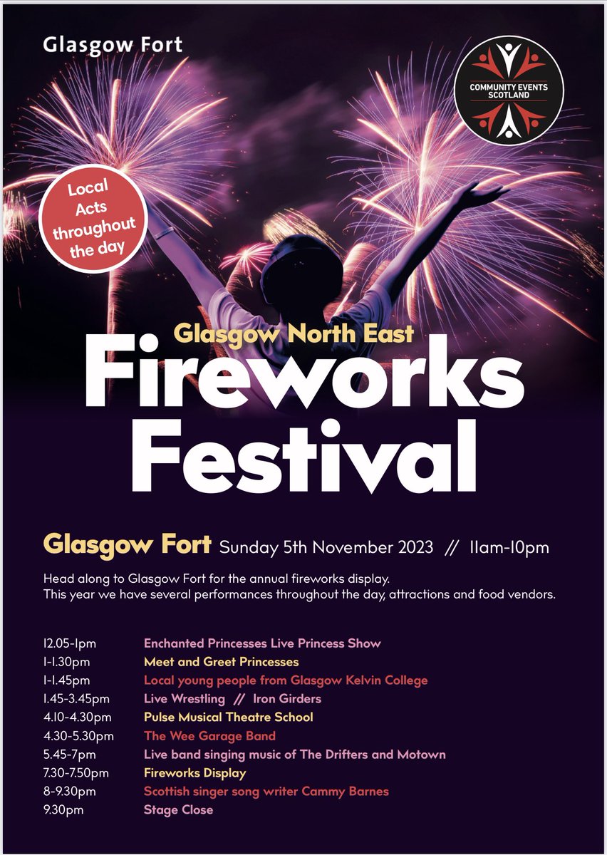 stefanie_ces's tweet photo. Glasgow North East Fireworks 🎇 Festival offers fun for all the family. This year we have amazing performances throughout the day. From princesses to wrestlers and Motown to up and coming artists. 

Please see below our final stage times 🎶

Let us know who your excited to see? https://t.co/WLp8AojaPl