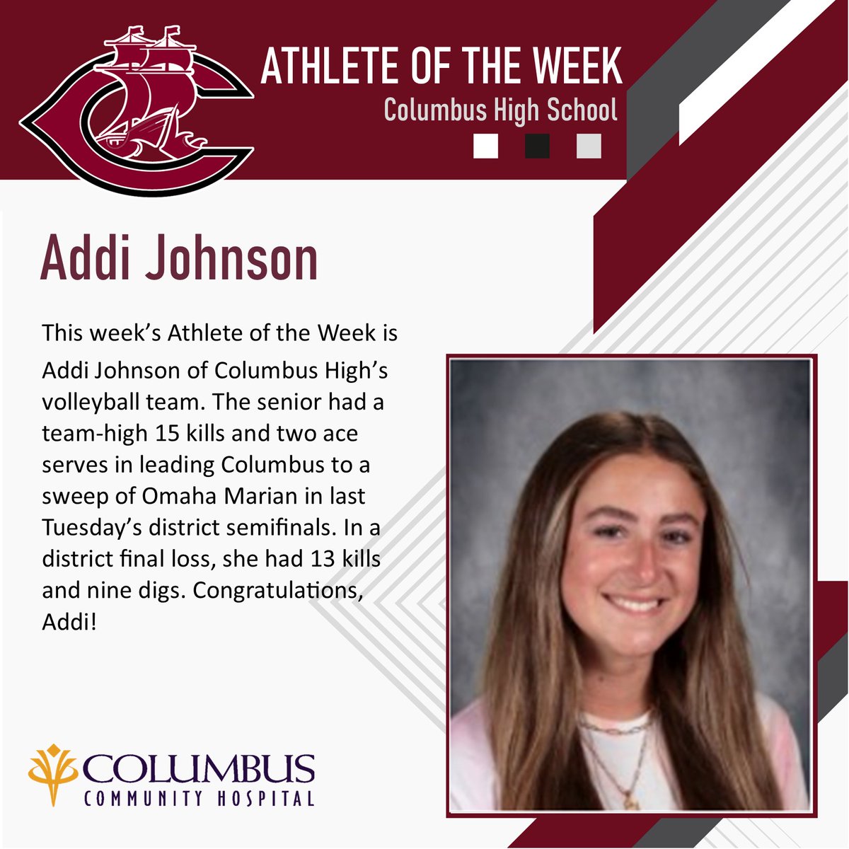 Columbus Community Hospital (@columbushosp) on Twitter photo Congratulations to Addi Johnson of <a href="/Discovererway/">Columbus High</a> for being named this week's Athlete of the Week! Congratulations to Addi Johnson of <a href="/Discovererway/">Columbus High</a> for being named this week's Athlete of the Week!