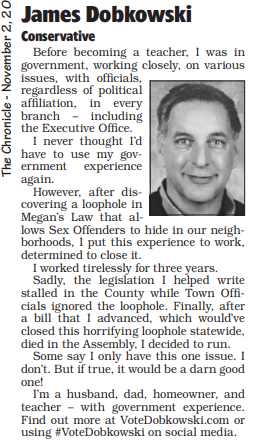 JimDobkowski's tweet photo. It's hard to say it all in 150 words. Maybe I just should've said. #VoteDobkowski. I'll close the #STR @meganslaw Sex Offender Loophole -- over and over again. Special thanks to the @GlensFallsChronicle On Nov 7 #VoteDobkowski @queensbury12804 @qufsd #QueensburyNY https://t.co/dCyRNoZrPw
