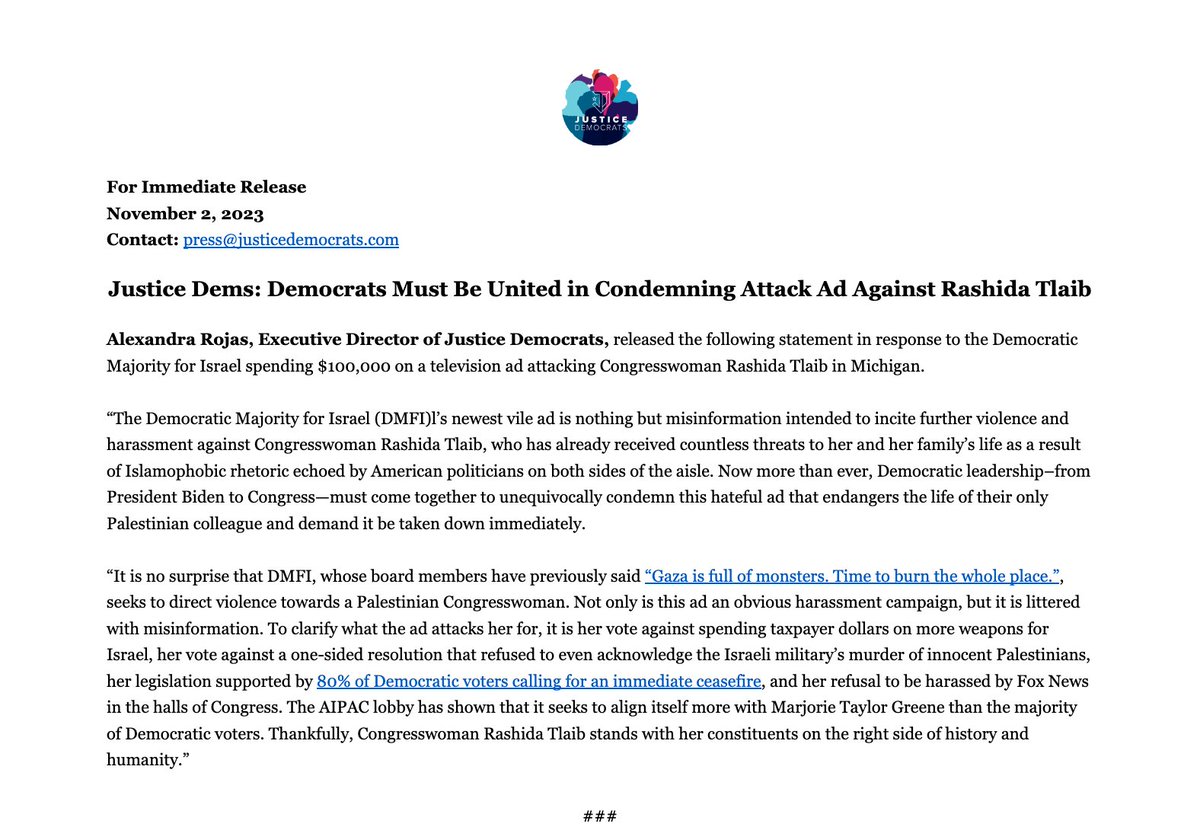 Democratic Majority for Israel spent $100,000 on a TV ad that is nothing but misinformation intended to incite further violence and harassment against Congresswoman @RashidaTlaib. Every Democrat should be united in condemning this ad and demand it be taken down.