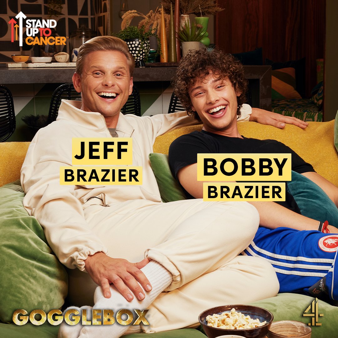 C4Gogglebox's tweet photo. Tonight's the night! Completing tonight's line up we have @jeffbrazier and Bobby Brazier 🤩

Don't miss them on our very special edition of #Gogglebox for @SU2CUK 🙌

⏰ 8.30pm &amp; 9:30pm
📺 @Channel4 https://t.co/jc4OyZDW7c