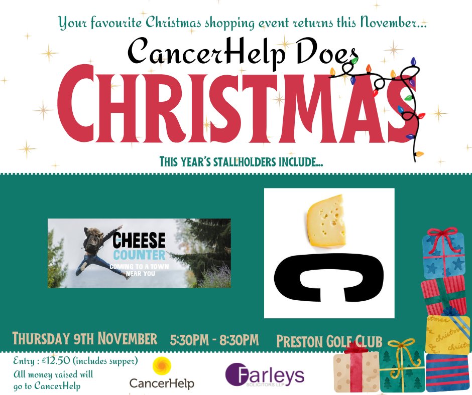 We've announced <a href="/whalleywineshop/">The Whalley Wine Shop</a> as a stallholder for our Christmas shopping event, so what better pairing to announce next than the Cheese Counter! Stock up your festive cheese boards with their delicious cheeses while supporting <a href="/CancerHelpLtd/">Cancer Help Preston</a>. Book now: bit.ly/45w2qv8