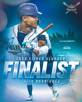 Graphic with the text: 2023 Silver Slugger Finalist - Julio Rodríguez. There are two cutouts of Julio - one of him running to first after a hit and another of his batting stance with T-Mobile Park in the background. 
