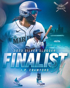 Graphic with the text: 2023 Silver Slugger Finalist - J.P. Crawford. There are two cutouts of J.P. Crawford - one of him looking off in the distance after a hit and another of his batting stance with T-Mobile Park in the background. 