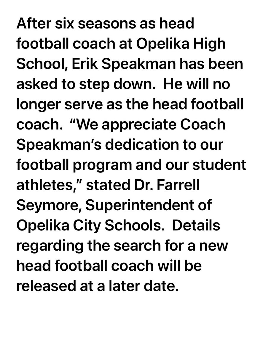 ONTHEDMARK1's tweet photo. BREAKING: OFFICIAL STATEMENT FROM 
@opelikaschools Dr Farrell Seymore @FarrellSeymore .
Confirming coach Speakman’s statement to me:
 “I was fired” https://t.co/LbQgpGknjp