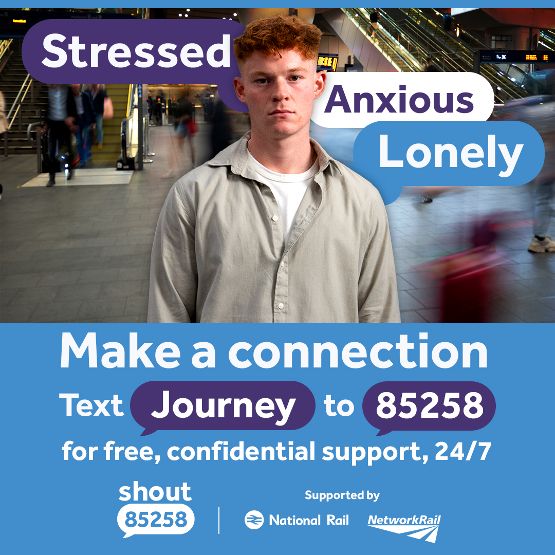 EastMidRailway's tweet photo. Are you feeling stressed, anxious, lonely or just need someone to talk to? Make a Connection is here so you can give them a shout 24/7 by texting ‘Journey’ to 85258 to access free and confidential mental health support.

#giveusashout #emr #makeaconnection #confidentialsupport https://t.co/DrSCfLxK1U