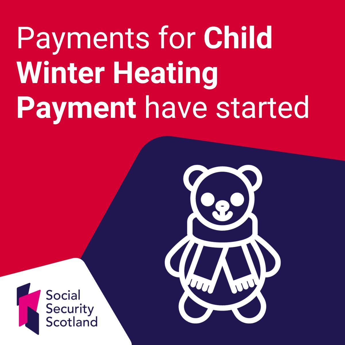 Child Winter Heating Payment has started to be paid.

We are writing to eligible people in Scotland to let them know they will receive the automatic payment of £235.70.

Read more on our website: bit.ly/ChildWinterHea…
