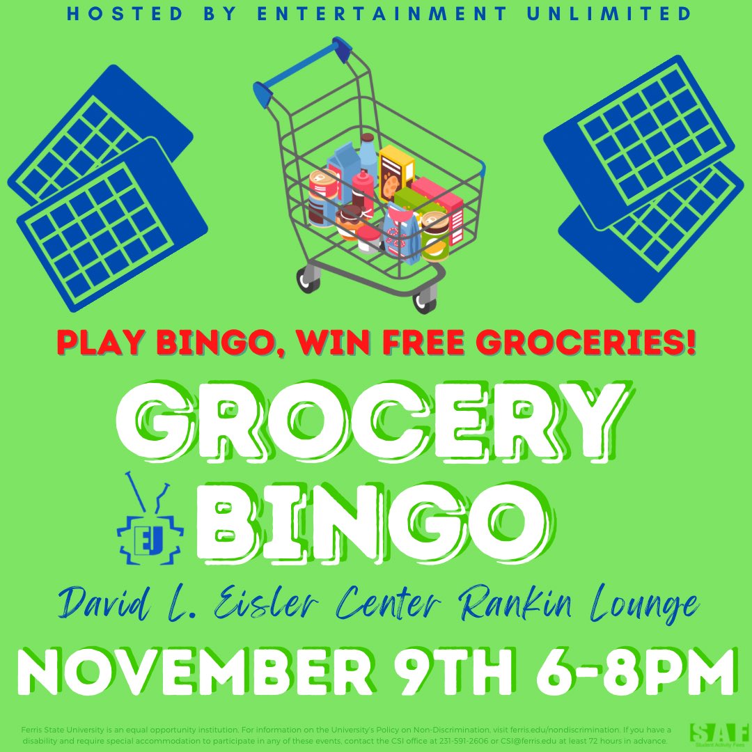 FerrisEU's tweet image. It's time for a Bulldog favorite! We get it. Groceries are expensive, so we wanted to give you the chance to win some free food and snacks. Join us NOV. 9 at 6PM at the David L. Eisler Center Rankin Lounge Fireplace to play bingo and win free groceries! It’s that easy! 🍜 #food