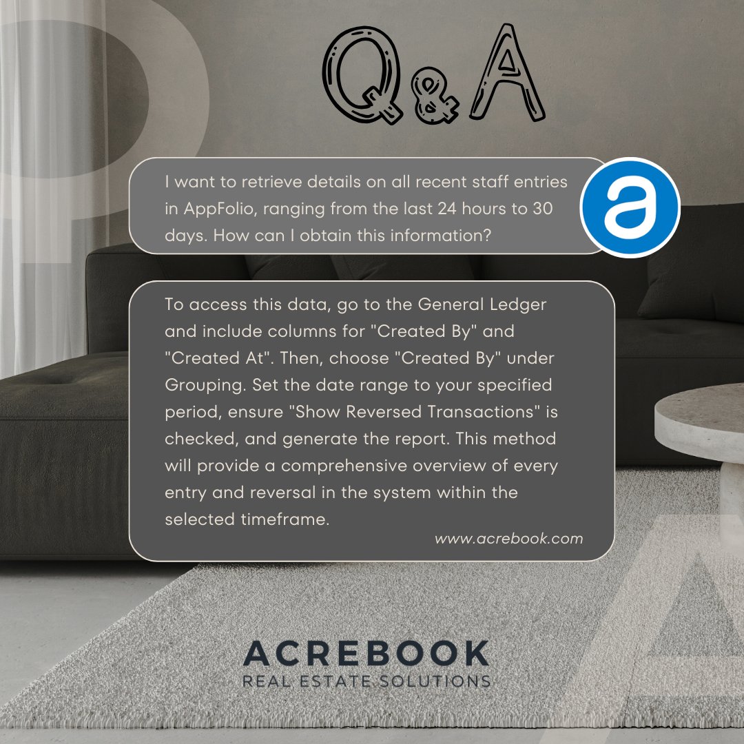 AcrebookRealty's tweet photo. ๐ค Find out how to retrieve a comprehensive report on all staff entries made within a specific time range! Check out our latest tip to make the most out of Ur AppFolio software. https://t.co/p2r33VYJxs #AppFolio #PropertyManagement #RealEstate #TechSolutions #SoftwareSupport https://t.co/kdw9xIDZ9B