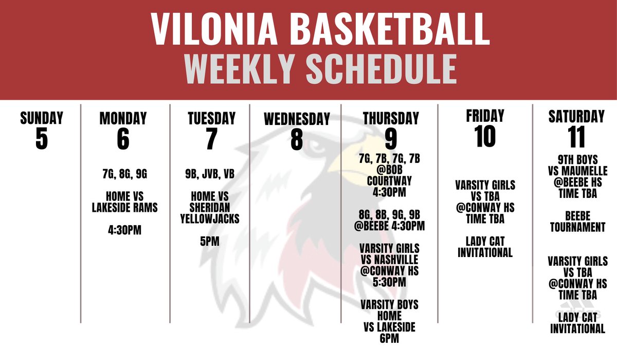 Here is our weekly schedule for next week! All of our boys teams will be in action next week. We are excited to get things going!