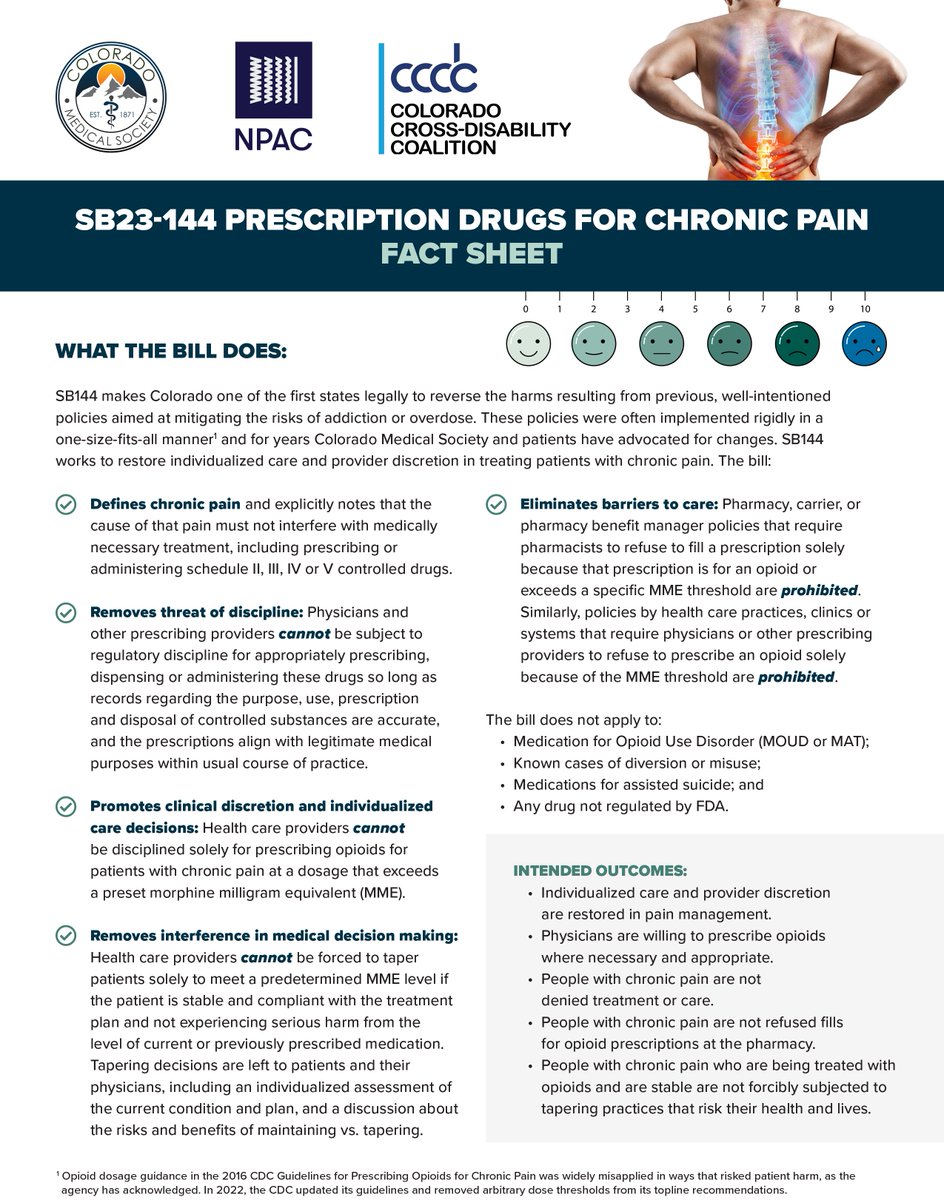 NPAC has been working in collaboration with the Colorado Medical Society to implement S.B. 144, newly passed legislation that protects patients on opioids from discrimination.

This fact sheet explains the bill as well its intended outcomes.

#LivingWithPain #ChronicPain