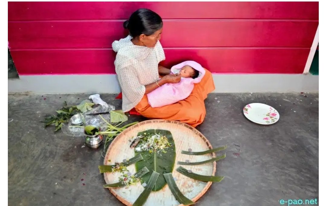 #EepanThaba: The first ceremony after birth. 'Ee' meaning blood; 'pan' meaning outside and 'thaba' for planted. Symbolically, it represents that the child is first fed with food from the earth that, in turn, creates the blood. It is performed 6 days after the birth of the baby
