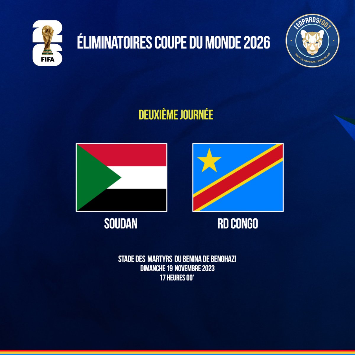 🐆 𝐏𝐫𝐨𝐠𝐫𝐚𝐦𝐦𝐚𝐭𝐢𝐨𝐧 𝐨𝐟𝐟𝐢𝐜𝐢𝐞𝐥𝐥𝐞 🗓️ 

• RD Congo 🇨🇩 x Mauritanie 🇲🇷 | 15 novembre 2023 

• Soudan 🇸🇩 x RD Congo 🇨🇩 | 19 novembre 2023 

#Congo #RDCMTN #SOURDC #WCQ2022