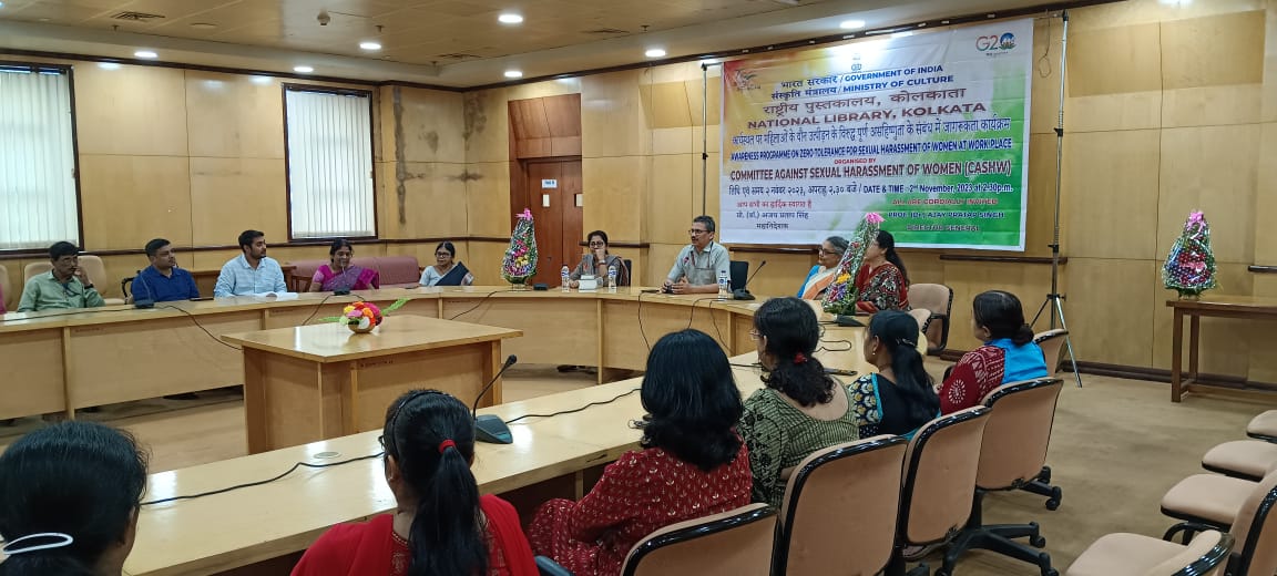 NationalLib_GoI's tweet photo. The @NationalLib_GoI organised an Awareness Programme on "Zero Tolerance for Sexual Harassment of Women at Workplace" on 02.11.2023. The programme was Chaired by the Director General Prof. @DrAPSingh_BHU with Chief Guest ACP (Lal bazar) Madhuri Sarkar, Detective Dept. WB Police. https://t.co/1NE0Z2XLxt