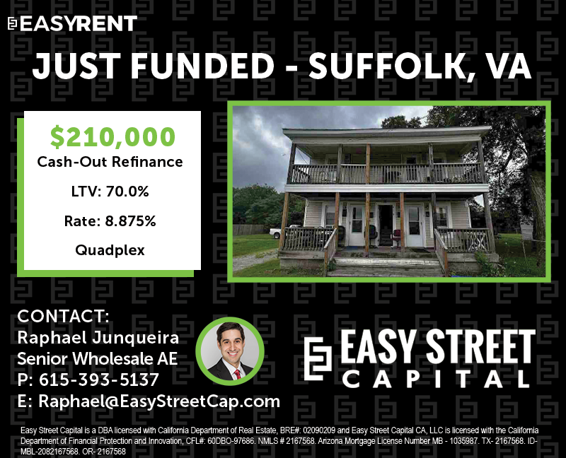 rob_s_simon's tweet photo. #JustFunded
$210,000 Cash-Out Refinance DSCR Loan on a quadplex in Suffolk, Virginia! Repeat Easy Street Borrower continues to build her portfolio through the #BRRRRmethod with @easystreetcap - this one purchased 3 years ago (Nov '20) and now doubled in value + great cash flow! https://t.co/K0QAQbK0P7