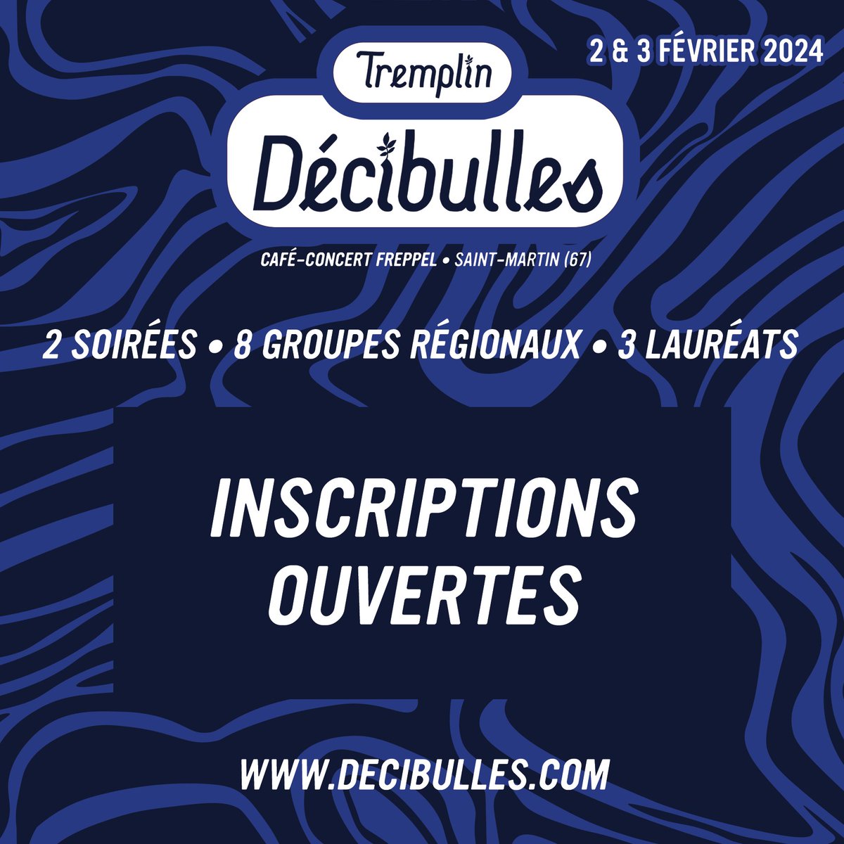 TREMPLIN DÉCIBULLES 2024

Les inscriptions pour le tremplin Décibulles 2024 sont ouvertes ! 🤩

Les 3 lauréats ouvriront les festivités lors du festival Décibulles les 12, 13 et 14 juillet prochains. ☀

Inscription avant le 11 janvier 2024 : decibulles.com/tremplin-decib…