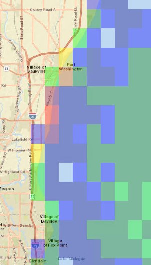 ChelseaVolpano's tweet photo. @USCGGreatLakes for @LakeMichigan13 did a drift simulation for the wayward #bathycat. Areas in red are where the boat is most likely to be. If anyone can peak down the bluff in those areas for me I would really appreciate it! #savemyPhD #setadrift https://t.co/WseWY3lxl4