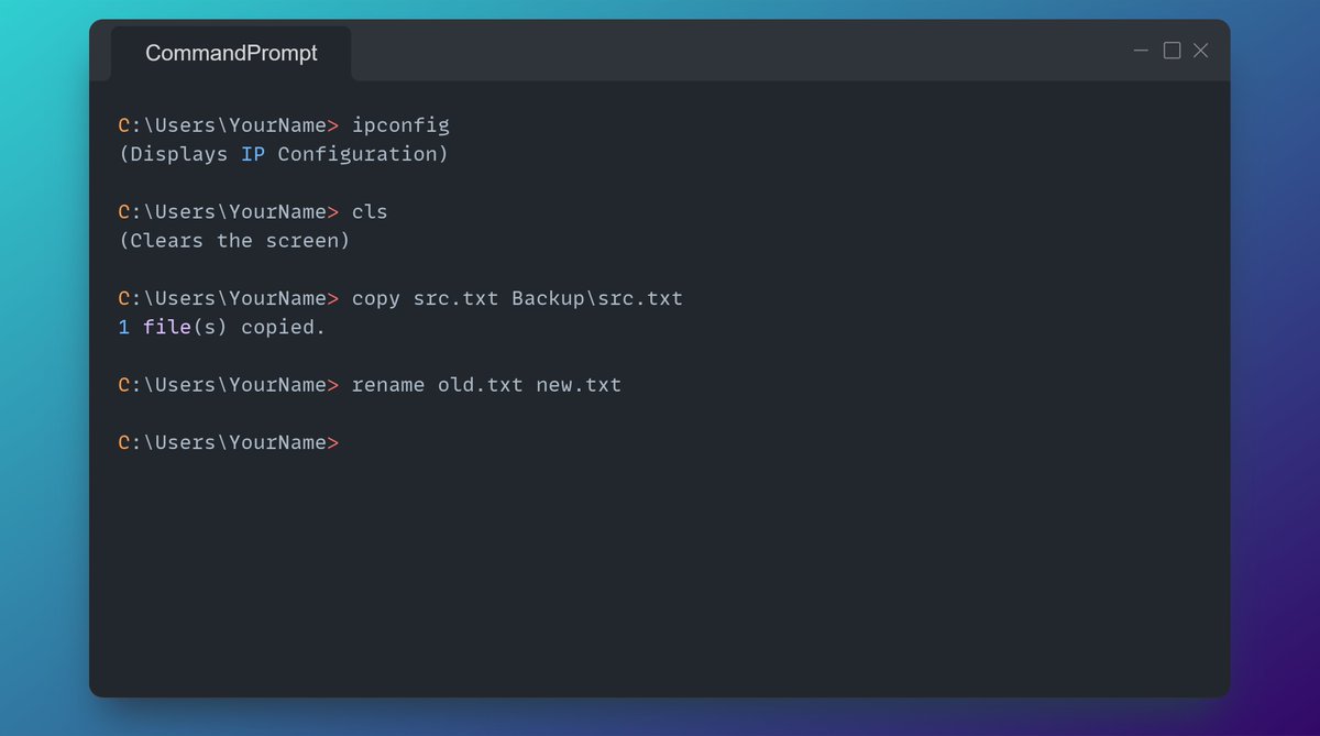 XCurryFuryX's tweet image. Master the Windows Command Prompt with these basic commands:

🔍 Check IP: `ipconfig`
🧹 Clear screen: `cls`
📋 Copy file: `copy src.txt Backup\src.txt`
✏️ Rename file: `rename old.txt new.txt`

Start your tech journey today! #CommandPrompt #TechBasics #CodingStart