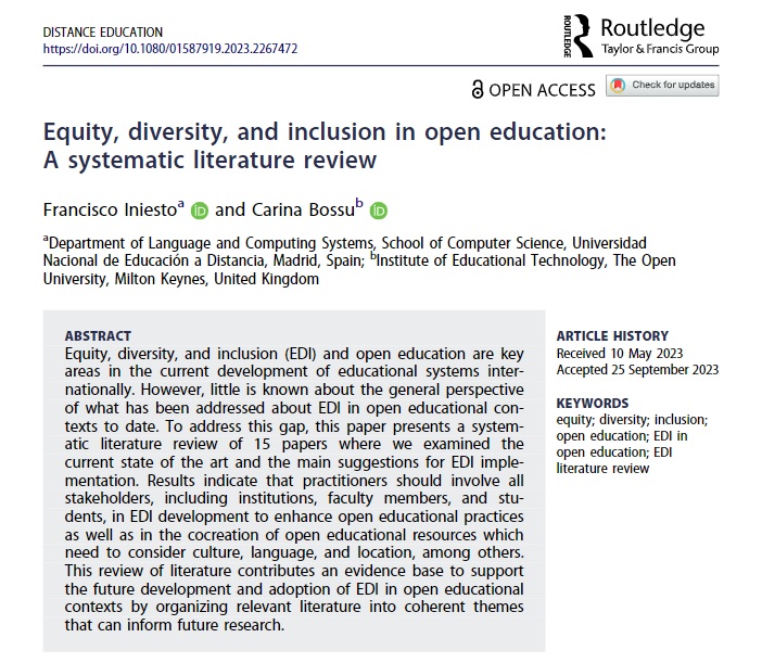 Proud that our #literaturereview on Equity, Diversity and Inclusion in #OpenEducation is published at @DistEdJournal, it was fun to write with @carinabossu and hopefully contributes to supporting the future development of #EDI in #openeducational contexts and yes it has lots of🐧