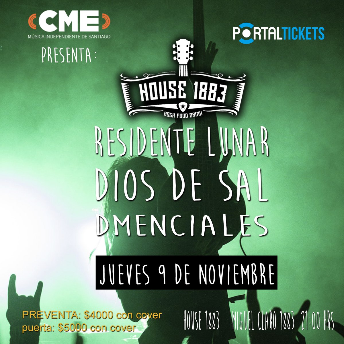 RESIDENTE LUNAR, DIOS DE SAL Y DMENCIALES EN HOUSE 1883
Te invitamos a asistir y a compartir este evento!
Más info y tickets online en: portaltickets.cl
#musicachilena #portaldisc #portaltickets