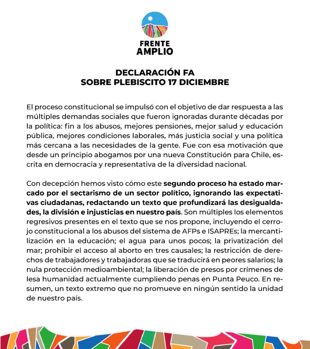 la_convergencia's tweet photo. 🔴 El Frente Amplio anuncia su voto "En Contra" de la propuesta de nueva Constitución, presentada el lunes 30 de octubre, porque se trata de un proyecto que no une al país. El texto es inconsistente y representa graves retrocesos https://t.co/CEcTIqgiTH