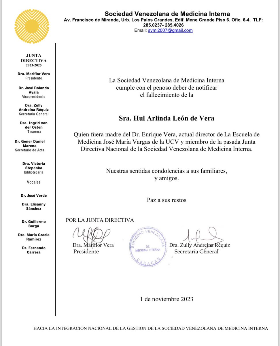 Lamentamos informar el fallecimiento de la Sra. Hul Arlinda León de Vera, Quien fuera madre del Dr. Enrique Vera, actual director de La Escuela de Medicina José María Vargas de la UCV.