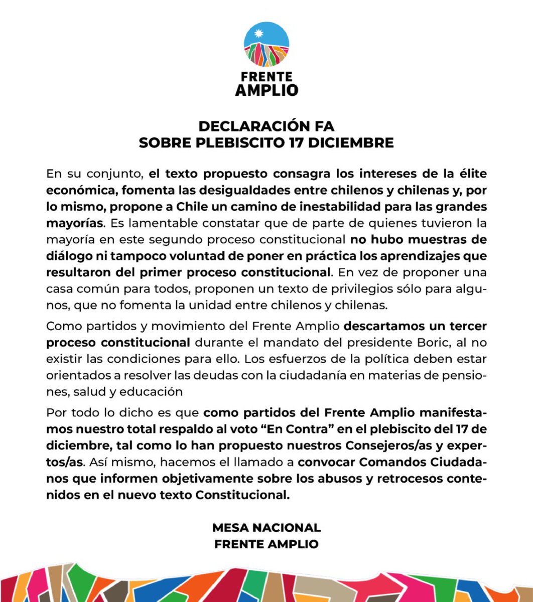 🔴 El Frente Amplio anuncia su voto "En Contra" de la propuesta de nueva Constitución, presentada el lunes 30 de octubre, porque se trata de un proyecto que no une al país. El texto es inconsistente y representa graves retrocesos