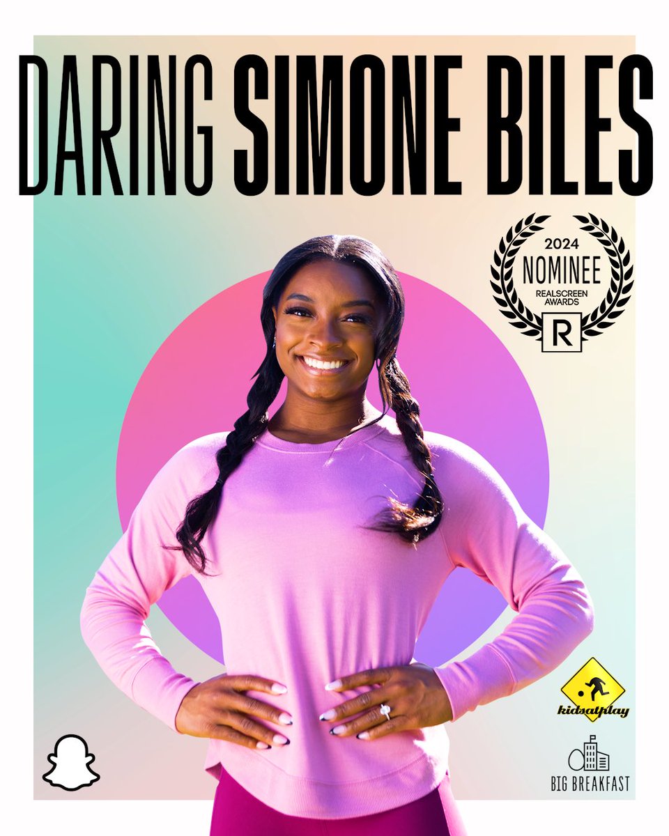 Woohoo! Our “Daring Simone Biles” show we made with <a href="/BigBreakfastVid/">Big Breakfast</a> and starring THEE <a href="/Simone_Biles/">Simone Biles</a> is now nominated for a <a href="/realscreen/">Realscreen</a> Award in the Short Form Content category! #RealscreenAwards24 #RealscreenAwards #SimoneBiles