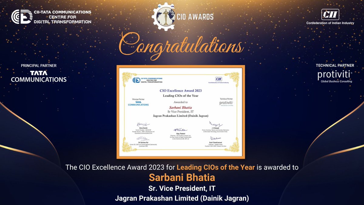 Sarbani Bhatia, Sr. Vice President, IT at Jagran Prakashan Limited (Dainik Jagran), has been presented with the certificate for Leading CIO of the Year 2023.
#CIO #CII #CIOExcellenceAwards #CIOConclave #Digitaltransformation #Digital #Innovation #Awards #CIIawards