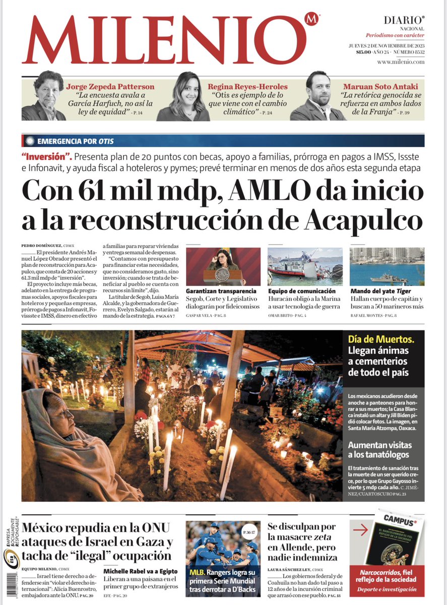 ¡Buenos días! Ya es jueves y hoy en la edición nacional de <a href="/Milenio/">Milenio</a>:
Con 61 mmdp AMLO da inicio al proyecto de reconstrucción de Acapulco. <a href="/PedroDFajardo1/">Pedro</a> 
Aparece cuerpo del capitán del yate Tiger; buscan a 50 marineros más. <a href="/rafagaonline/">Rafael Montes</a>.
Huracán obligó a la marina a usar