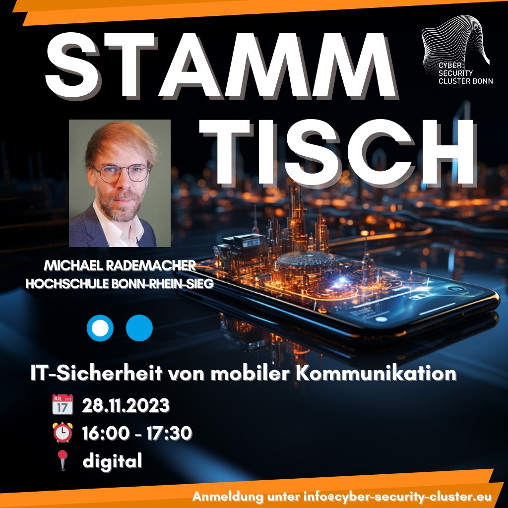 Cyber Security Cluster Bonn e.V. (@cscbonn) on Twitter photo 🚀 Treten Sie unserem digitalen #Stammtisch am 28.11.23, 16:00 Uhr bei, um die IT-Sicherheit mobiler Netze wie 5G und WLAN zu erkunden! Prof. Rademacher vom FKIE teilt neueste Forschungen. 🛡️
🔗 Infos & Anmeldung: linkedin.com/feed/update/ur… #ITSecurity #MobileSecurity #5GSecurity 🚀 Treten Sie unserem digitalen #Stammtisch am 28.11.23, 16:00 Uhr bei, um die IT-Sicherheit mobiler Netze wie 5G und WLAN zu erkunden! Prof. Rademacher vom FKIE teilt neueste Forschungen. 🛡️
🔗 Infos & Anmeldung: linkedin.com/feed/update/ur… #ITSecurity #MobileSecurity #5GSecurity