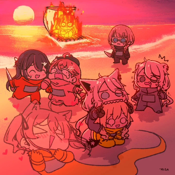 筏が燃えてるなら海に飛び込んだら何となく行けるだと思うけどなーw #ホロハロウィンAmongUs #祭絵 #絵フブキ #miko_Art #Luillust #できたてころね #AZKiART #つのまきあーと #ししらーと