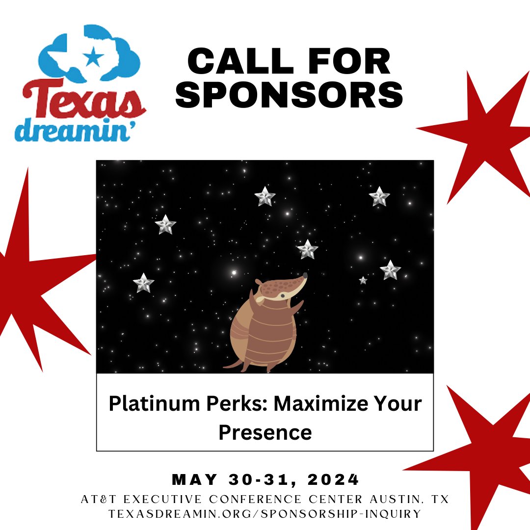 Texas_Dreamin's tweet photo. ✨ Platinum Sponsors at #TXD24 shine the brightest! Enjoy premium booth placement, 4 complimentary passes, a special mention in keynotes, and more. Secure this elite status! https://t.co/T8dRqZDRub https://t.co/Q5KOgaKMy8